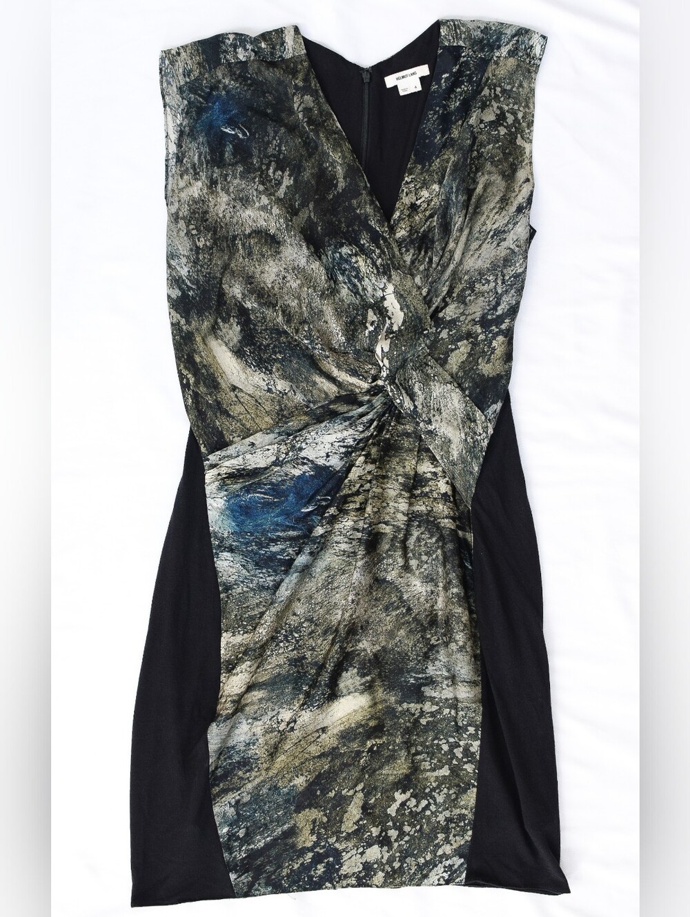 Helmut Lang Silk Twist Front Printed Abstract Dress Sz 4 Raven Print Sateen - Picture 2 of 12
